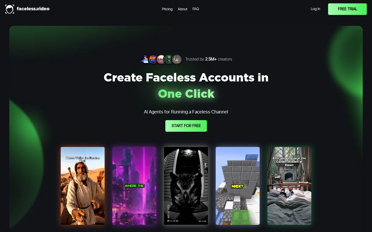 The Faceless.video homepage with the headline "Create Faceless Accounts in One Click"