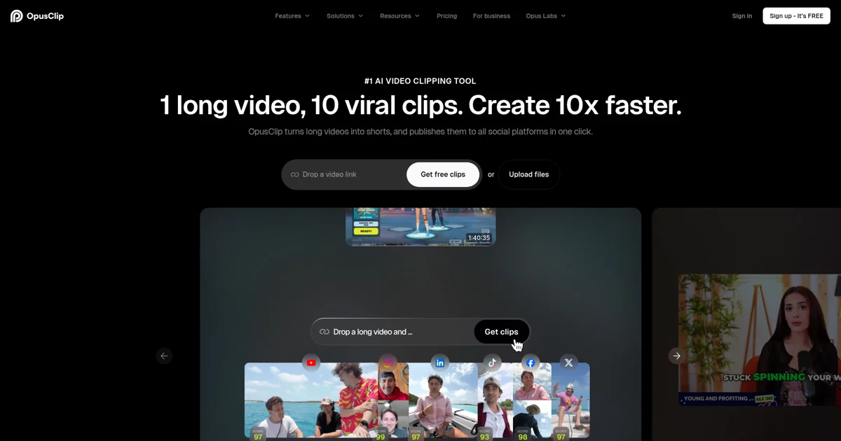 The OpusClip homepage with the headline "1 long video, 10 viral clips. Create 10x faster."
