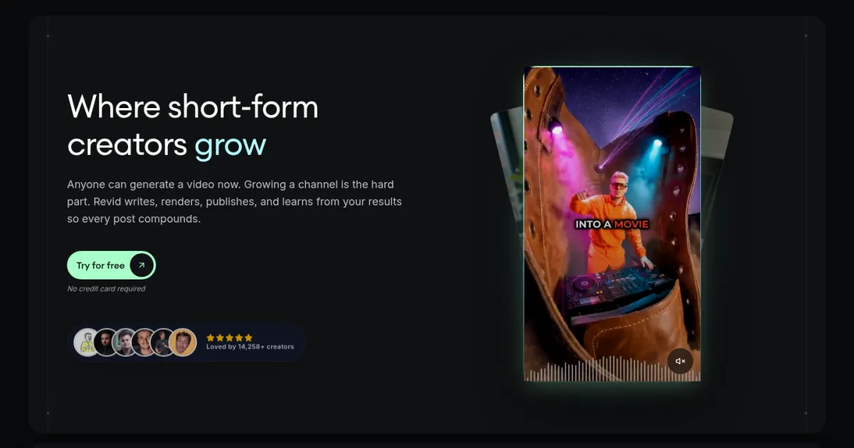 The Revid AI homepage with the headline "Where short-form creators grow"
