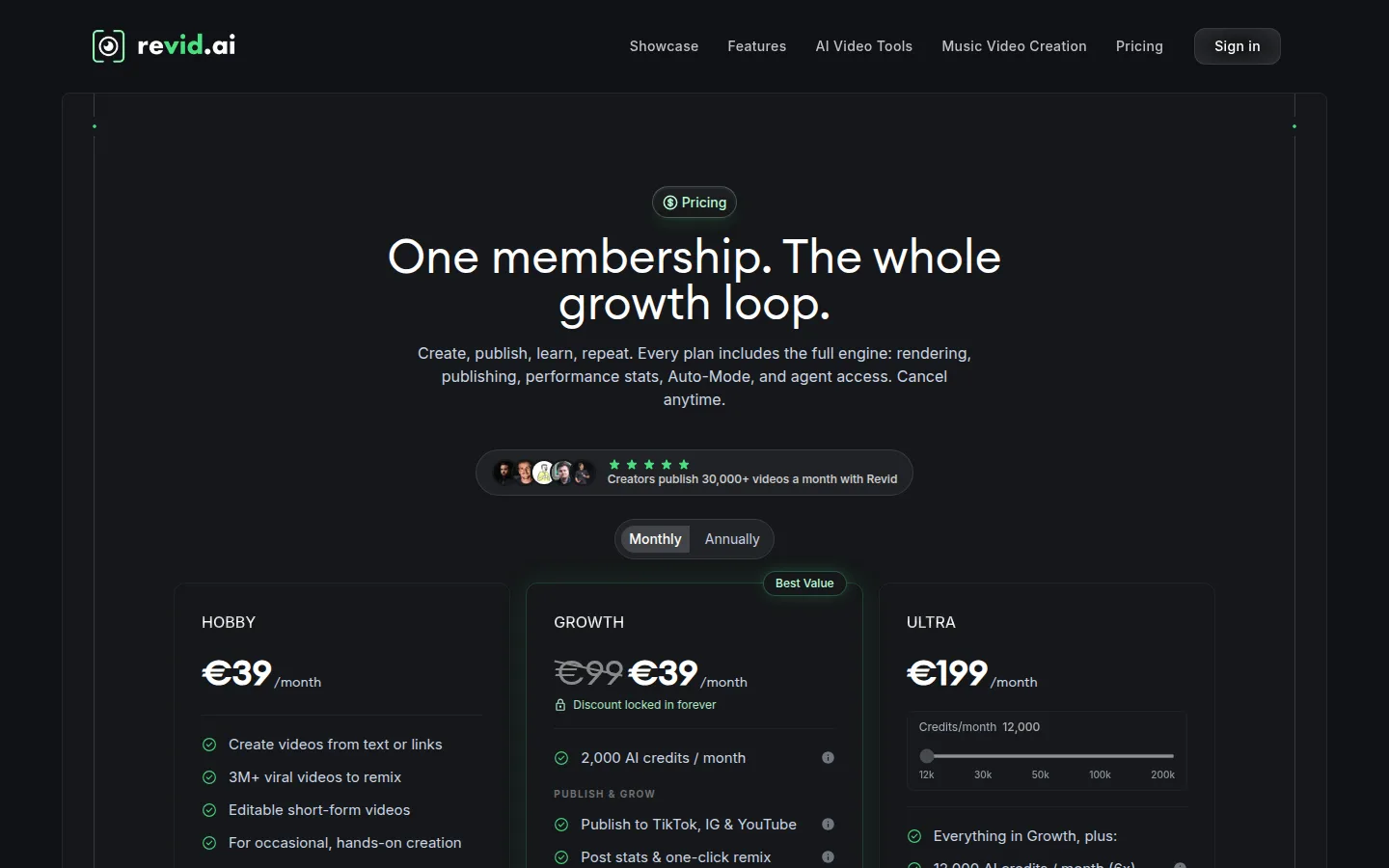 Revid's pricing page with the Hobby, Growth and Ultra plans